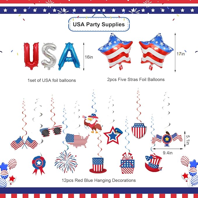 USA Party Decorations, Red Blue White Decorations with American Flag Banner, 12Pcs USA Hanging Swirls Decors, Pennant Bunting Banner, Foil Balloons for Welcome Home Patriotic Party Supplies