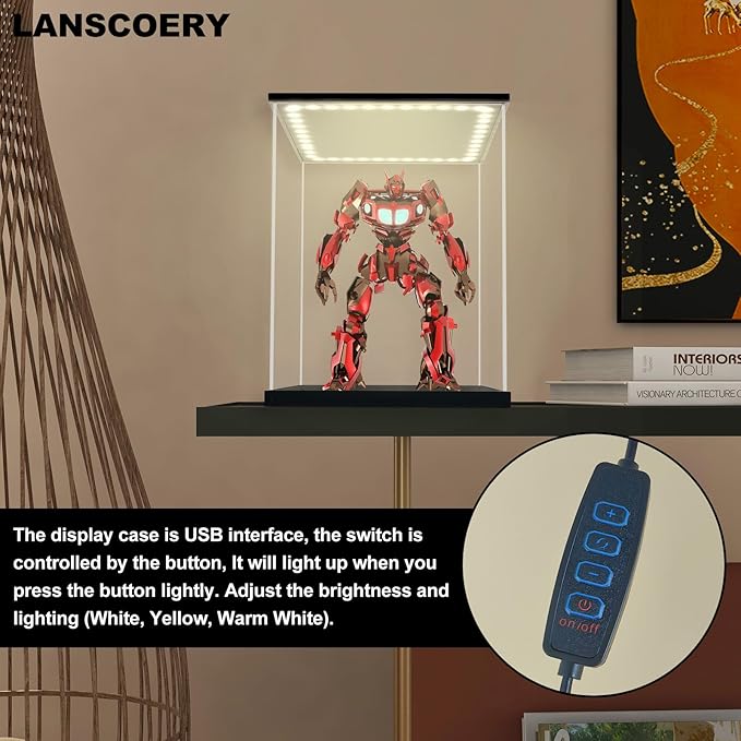 LANSCOERY Acrylic Display Case with Adjustable Yellow/White/Warm LED Light, UV Protection Clear Display Box, Dustproof Showcase for Action Figures, Models, Collectibles - 5.9x5.9x9.8inch