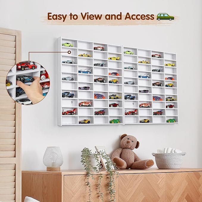 2 Pack Toy Car Display Shelf, Holds 80 Diecast 1/64 Toy Cars, Wall Mount Model Car Storage Organize Case, White