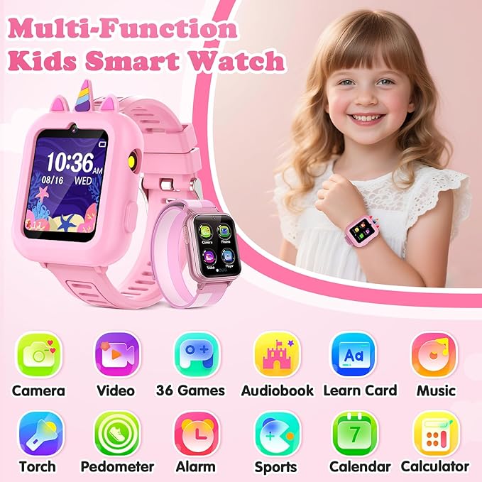 Smart Watch for Kids Girls Gift Age 3-12 with 39 Games Alarm Clock Camera Video Music Player Pedometer Flashlight 12/24 hr HD Touch Screen Kids Smart Watch Birthday Toys for Girls Ages 4 5 6 7 8 9 10