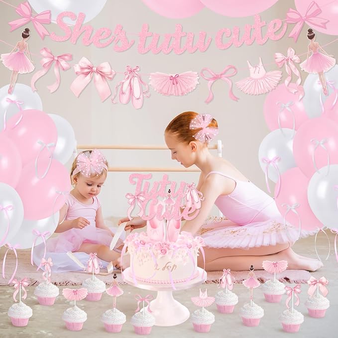 Pink Bows Ballet Girls Birthday Party Decorations, She's Tutu Cute Ballerina Theme Birthday Party Banner Cake Toppers Balloons for Two Two Cute 2nd Bday Baby Shower Tutu Dancing Girls Party Supplies