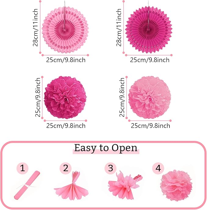 Party Decorations, Pink Papar Fans Pompoms Garlands for Women Girls Mothers Day Bachelorette Wedding Birthday Baby Showers Valentine's Day Party Decorations
