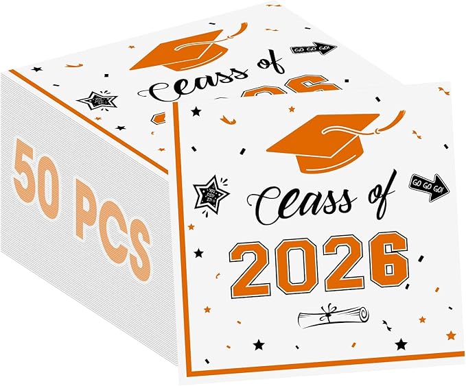 50 Pcs Graduation Napkins Decorations - Orange Class of 2026 Congrats GRAD 3-Ply Paper Cocktail Dinner Napkins Set for 2026 Graduation Party Supplies Table Decor Favors, 6.5 x 6.5 Inch