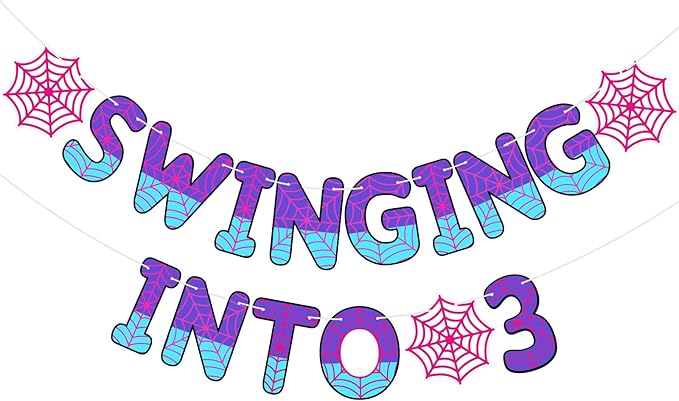 TaoBary Spider Theme 3rd Birthday Banner, Pre-strung Swinging into 3 Banner, Spider 3rd Birthday Decorations Party Supplies for Kids, Third Decor for 3 Year Old Boys Girls(Pink and Purple)