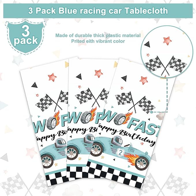 3PCS Two Fast Tablecloths for Kids Boys 2nd Birthday Party Decorations Two Fast Two Curious Racing Car Bday Table Cover Party Table Cloth -54x108in