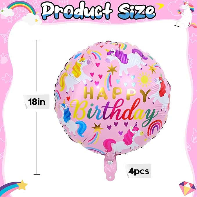 18 Inch Unicorn Balloons for Party Decor, 4PCS Round Rainbow Unicorn Foil Mylar Birthday Balloon for Girls Women Rainbow Themed Baby Shower Cute First unicorn Birthday Party Decorations Supplies