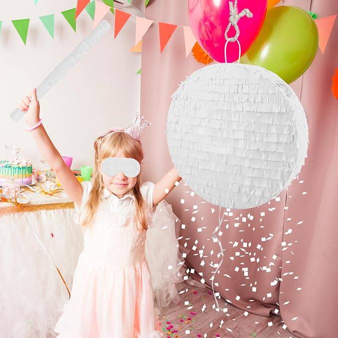 White Round Pinata with Stick Blindfold and Confetti DIY Blank Pinata for Adults Kids Birthday Party Supplies Carnivals Thanksgiving Decorations