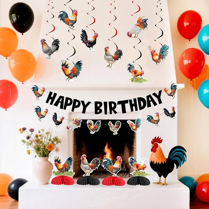 JOYMEMO Rooster Birthday Party Decorations for Boys Girls, Rooster Happy Birthday Banner, Chicken Hanging Swirls, Honeycomb Centerpieces, Farm Animal Chick Barnyard Theme Party Supplies