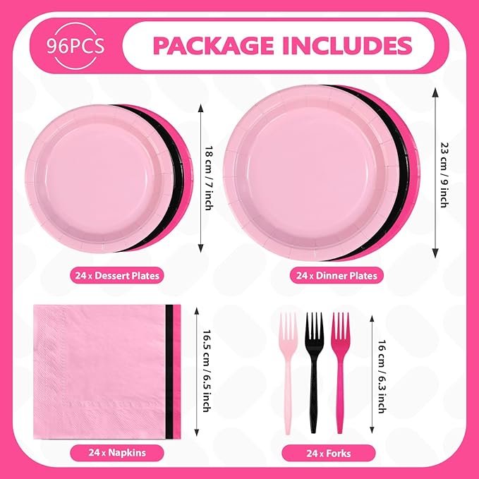 96Pcs Hot Pink and Black Birthday Decorations Pink and Black Party Plates and Napkins Disposable Pink Paper Plates for Baby Shower Girls Women Birthday Bridal Shower Spring Summer Party Supplies