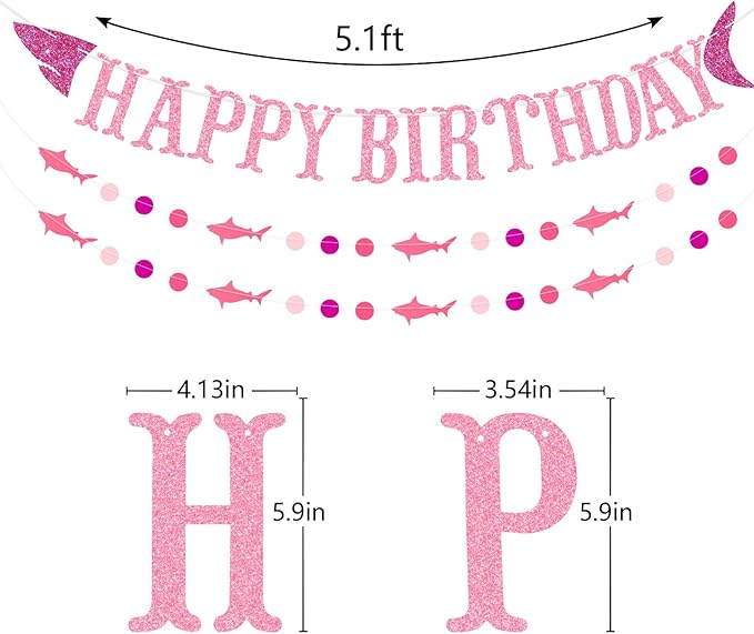 Shark Happy Birthday Banner and Garlands, Ocean Beach Under The Sea Theme Party, Shark Party Supplies (Pink)