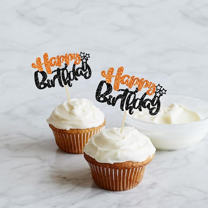 Ephlyn 24Pcs Happy Birthday Cupcake Toppers Double Layer Glitter Happy Birthday Cake Decorations for Halloween Baby Shower Theme Anniversary Party Cake Decorations Supplies Black Orange