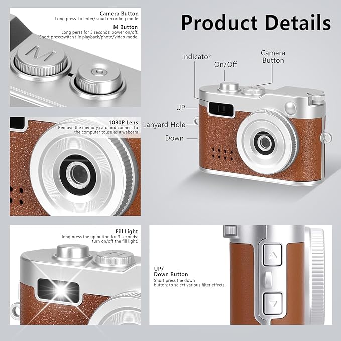 Mini Digital Camera with 32GB Card–Y2K-Style FHD 1080P Mini Retro Camera with Charging Base & Keychain Cameras Design. 1.4" LCD Screen,Vintage Cameras Ultra-Compact,Kids Camera Toys. (Brown)