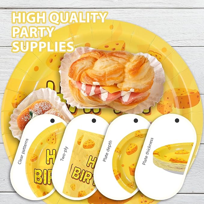96Pcs Cheese Birthday Party Decorations Pizza Cheese Birthday Plates and Napkins Tableware Set Cartoon Funny Cheesy Party Decorations for Boys Girls Baby Shower Macaroni Party Supplies Serves 24
