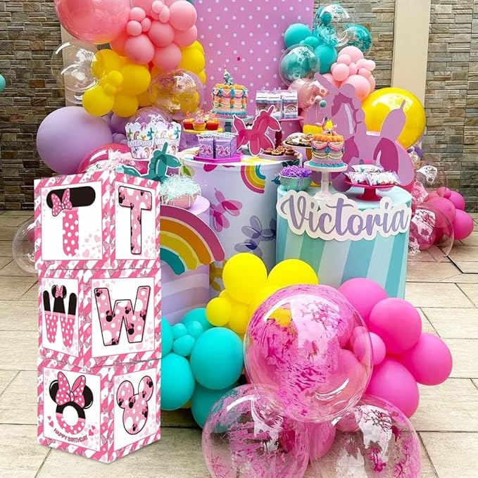 TONIFUL Pink Mouse 2nd Birthday Party Supplies Balloon Box with Letters，Pink Mouse Theme Two Years Old Birthday Party Favors for Girls Second Birthday Decorations