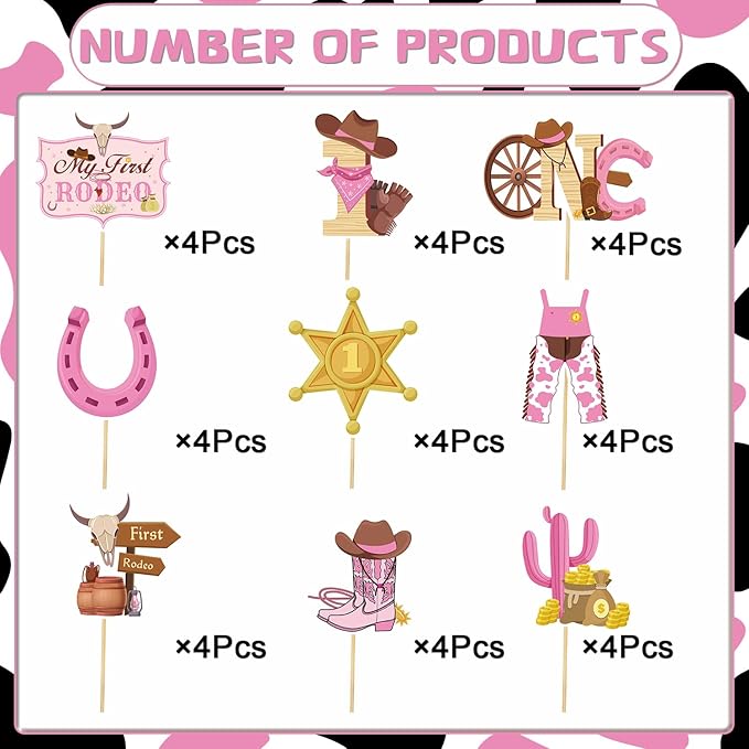 My First Rodeo Decorations Girls, 36PCS Western First Rodeo Cupcake Toppers Birthday Decor, Cowgirl 1st Birthday Party Decor Supplies