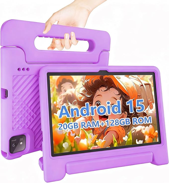 Kids Tablet 11 inch Android 15 20GB + 128GB Octa-Core 8000mAh Todder Tablet with Drop-Proof Case, Parental Control, WiFi 6 and Bluetooth, Purple