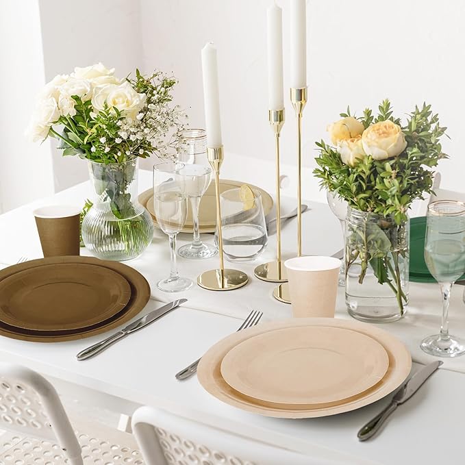 Whaline 244Pcs Woodland Tableware Set Serves 48 Sage Green Brown Disposable Dinnerware 48 9" Plates 48 7" Plate 48 9oz Cups 100 Napkins for Baby Shower Forest Party Supplies