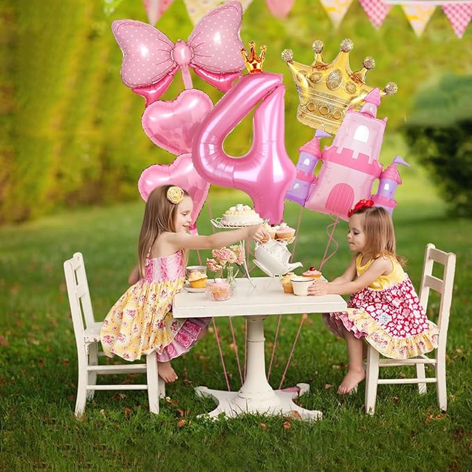 Princess Balloons for 4th Birthday Decorations Girl Pink Castle Balloon Large Pink Crown Number 4 Balloons for Princess Birthday Party Decorations Supplies