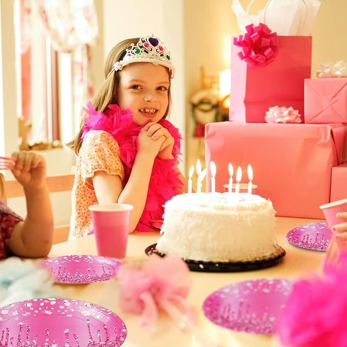 Grencian 96Pcs Hot Pink Silver Birthday Party Supplies Hot Pink Plates Disposable Disco Holographic Tableware Set for Girls Women Silver Glitter Wedding Bridal Shower Birthday Party Decor, Serves 24