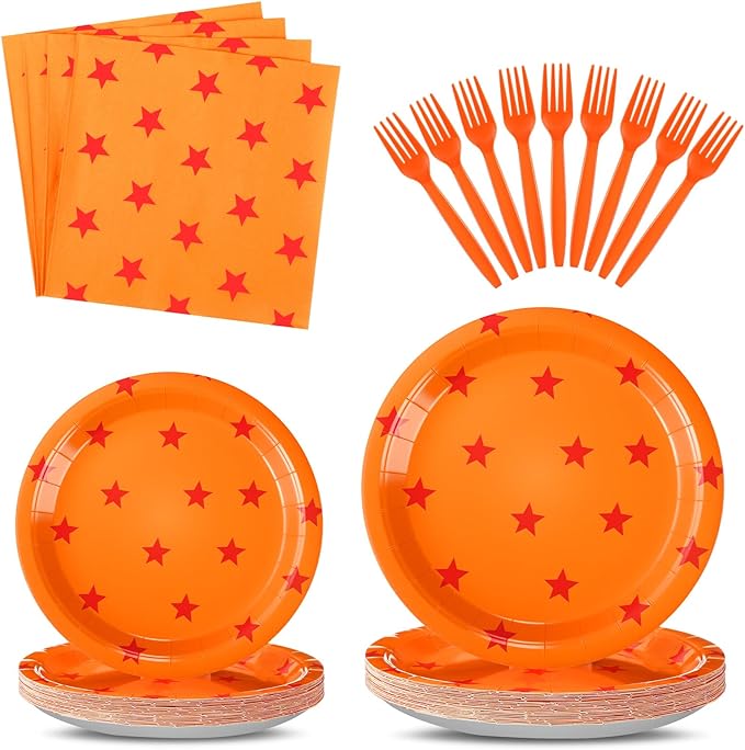 Oudain 96 Pcs Anime Theme Party Supplies 24 Sets Anime Paper Plates Napkins Forks Orange and Red Stars Print Disposable Plate Napkin Fork for Anime Party Decoration