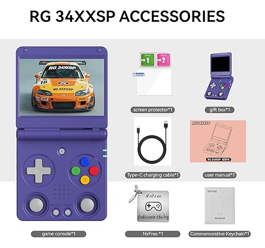 Anbernic RG34XXSP Retro Gaming Console – Flip Design, 3.4'' IPS Screen 720×480, 64G TF Card with 5000+ Games, Portable Handheld, 3300mAh Battery, WiFi HDMI Bluetooth (Indigo 64G)
