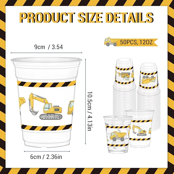 50Pcs Construction Cups, 12oz Construction Themed Party Cups for Home Birthday Supplies Baby Shower Party Favors Table Decorations
