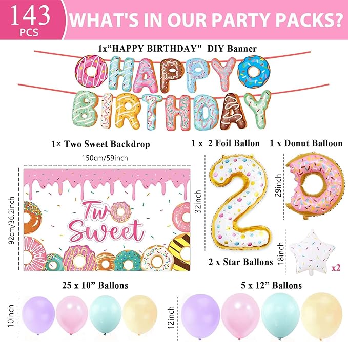 ZOiiWA 143Pcs Two Sweet Birthday Party Decorations Girls Donut tableware Set Sweet Donut 2nd Party Plates Napkins Backdrop Tablecloth Banner Balloons for Baby Girls 2 Years Old Birthday Party Supplies