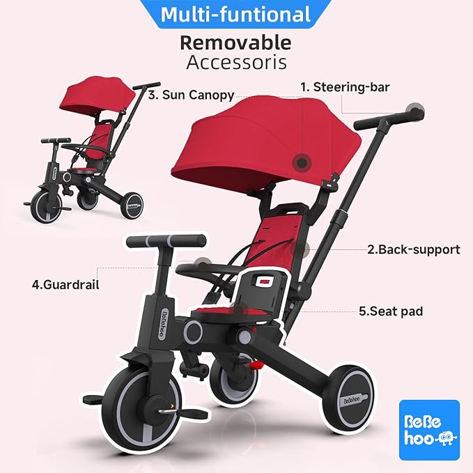 Tricycle Stroller for Toddler,Foldable Baby Tricycle,Kids Balance Bike with Push Handle,Toddlers Stroller Bike with 1 to 5 Years,7-in-1 Push Tricycle Bike for Kids (Red)