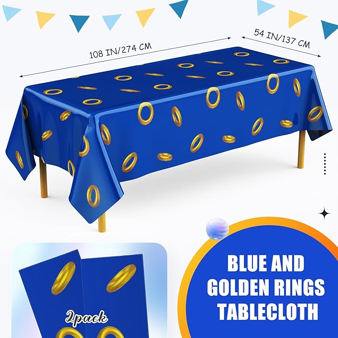 2 Pcs Birthday Party Decorations Plastic Cute Birthday Tablecloth 108 x 54 Inches Disposable Rectangle Tablecover for Boys Girls Kids Baby Shower Party Supplies (Gold Ring)