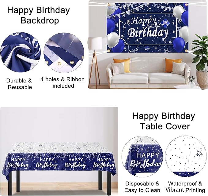 Navy Blue Birthday Decorations for Men Boys Women Girls, 80 PCS Blue and Silver Party Decorations, Happy Birthday Backdrop Banner Party Supplies Blue Silver Confetti Star Balloons Arch Tablecloth