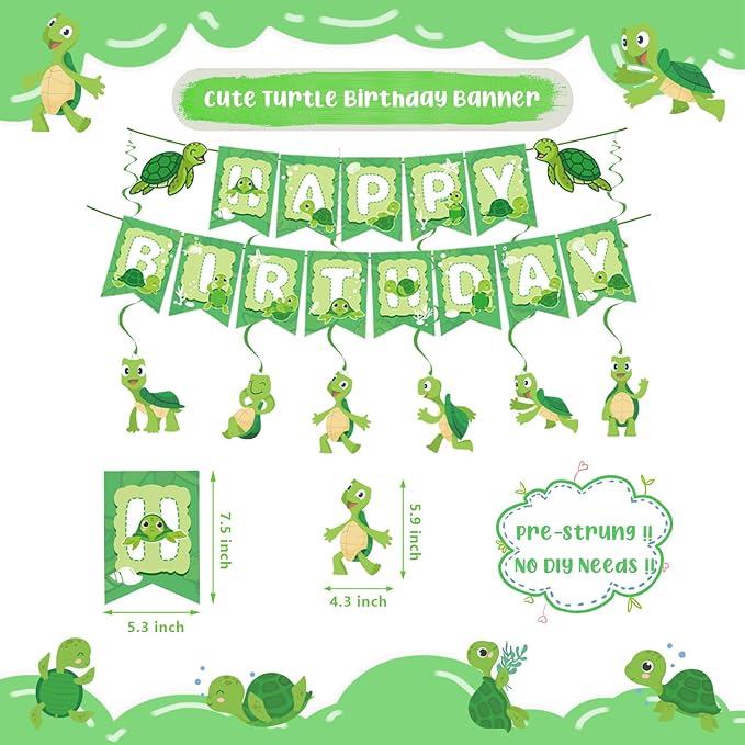 Cute Turtle Party Supplies - Birthday Banner, Hanging Swirls, Green Turtle Baby Cake Toppers, Balloons for Kids Animal Theme Baby Shower, Birthday Party Decors