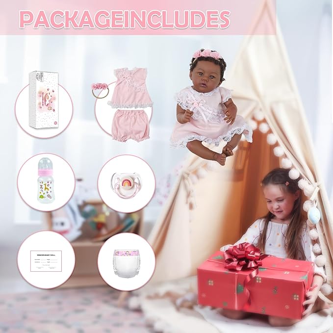Reborn Baby Doll Black Girl – 18-Inch Realistic Lifelike African American Newborn Handmade Doll with Real Life Soft Weighted Body and Accessories – Gift for Kids Ages 3 and Up