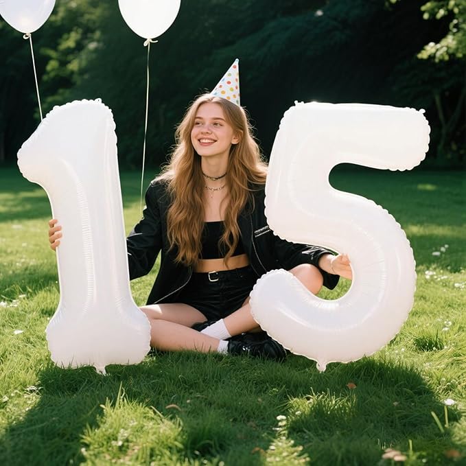 40 Inch White Number 15 Digital Balloon,Jumbo Mylar Foil Helium Balloon for 15 Balloons for Birthday Party,Wedding Anniversary Party Decorations