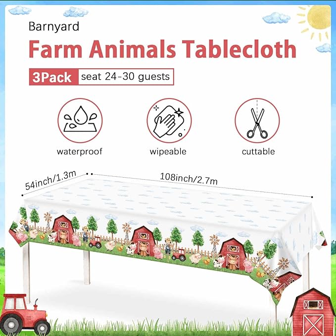 3 Pieces Farm Animal Birthday Party Supplies Tablecloth, Large Size 54 x 108 Inch Rectangular Plastic Table Cover, Barnyard Birthday Party Supplies Decorations for Baby Shower Boys Girls