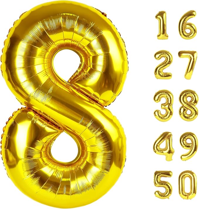 40 Inch Giant Gold Foil Number 8th 18th 28th Birthday Balloons Gold Digit 8 Balloons for Men Women 80th Anniversary Party Decorations Supplies