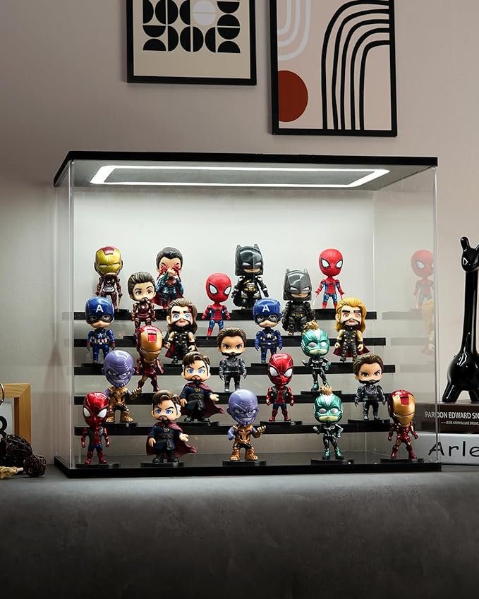 Clear Acrylic Display Case with Light , 6 Tier Display Box Stand Assembly Dustproof Protection Showcase for Collectibles Action Figures (Black 6 Tier L 19.7*12.6*16.5in；50×32×42cm)