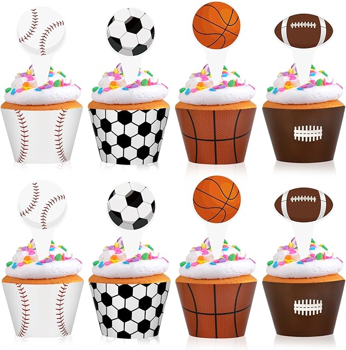 48 Pack Sports Balls Cupcake Toppers and Wrappers, Football Basketball Soccer Baseball Cake Decoration for Sport Theme Birthday Party Sports Game Day Party Supplies