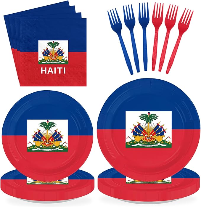 96Pcs Haitian Flag Party Decor Haiti Country Flag Plates and Napkins Haiti Theme Disposable Paper Tableware Set for Patriotic Festival School Sports Events Birthday Party Supplies Serves 24