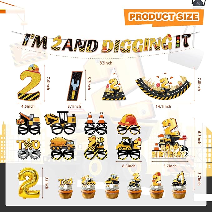 Mpanwen Construction Party Decorations for 2 Year Old Boy, 128Pcs Truck Construction 2nd Birthday Party Supplies for Baby Boys - Backdrop, Wall Signs, Tablecloth, Crown, Poster, Paper Glasses