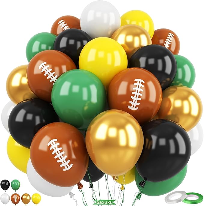 Football Balloons,60Pcs 12 Inch Sage Dark Green Yellow Black Metallic Gold Football Party Balloons for Kids Boy Football Birthday Sport Party Decorations Sports Themed Graduation Party Supplies