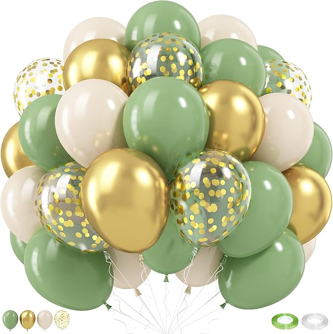 Sage Green and Gold Balloons, 60pcs 12 Inch Sage Green White Sand Balloon Set with Metallic Chrome Gold Confetti Latex Helium Balloons for Jungle Safari Forest Theme Birthday Graduation Party Supplies