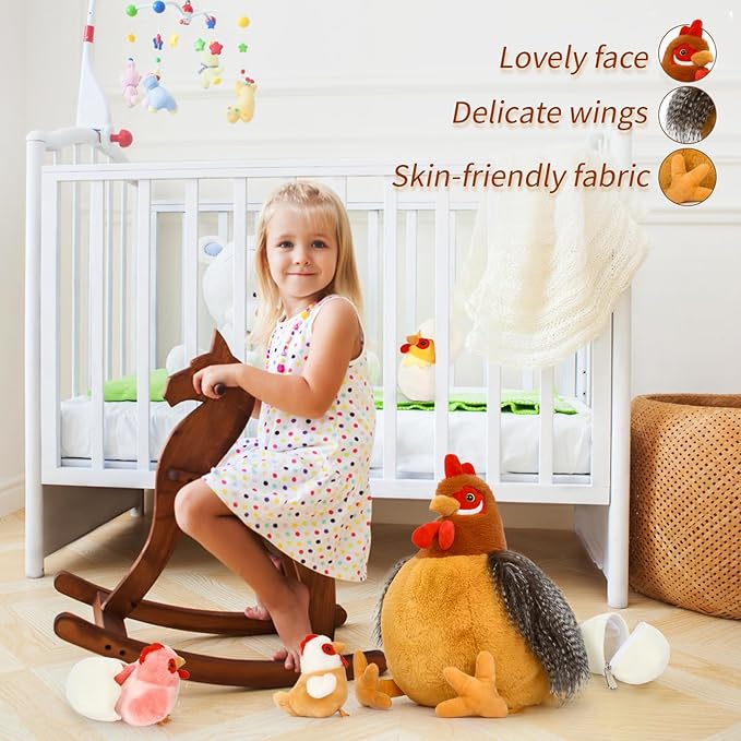 8Pcs Easter Chicken Stuffed Animal, Stuffed Hen with Little Baby Chicks and Coop, Rooster Plush Gifts Toys for Kids, Hit of Christmas Farm Party