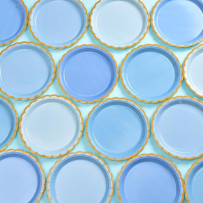 96 Pcs Blue Scalloped Party Paper Plates, 9 Inch Cute Blue Disposable Dessert Baby Bridal Shower Dinner Birthday Cake Paper Plates for Party Bridal Baby Girl Shower Wedding Supplies