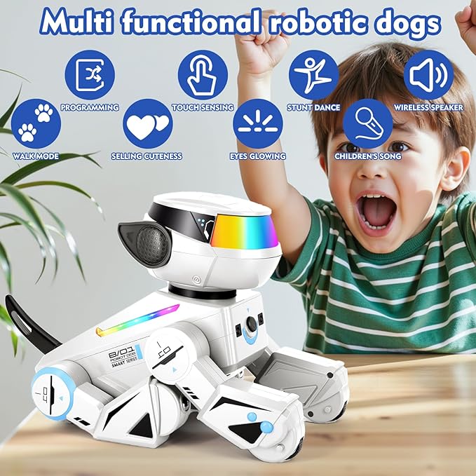 Smart Robot Dog for Kids,Interactive Robotic Puppy,Touch Sensor,Programmable Actions, Dancing &Singing, LED Eyes, Rechargeable Battery, Gift for Boys & Girls Ages 6-12 (White)