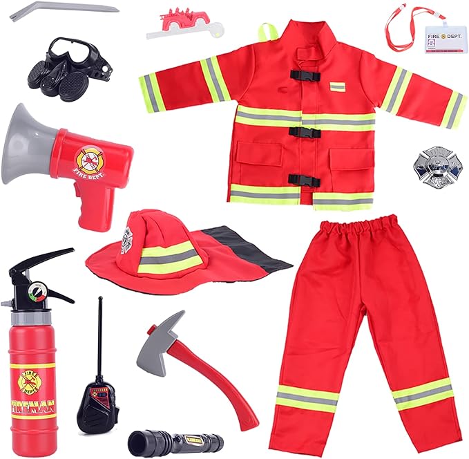 13 piece Kids Fireman Costume Firefighter Dress-Up Toy Set for Children Boys and Girls Fire Chief Pretend Role Play with Accessories