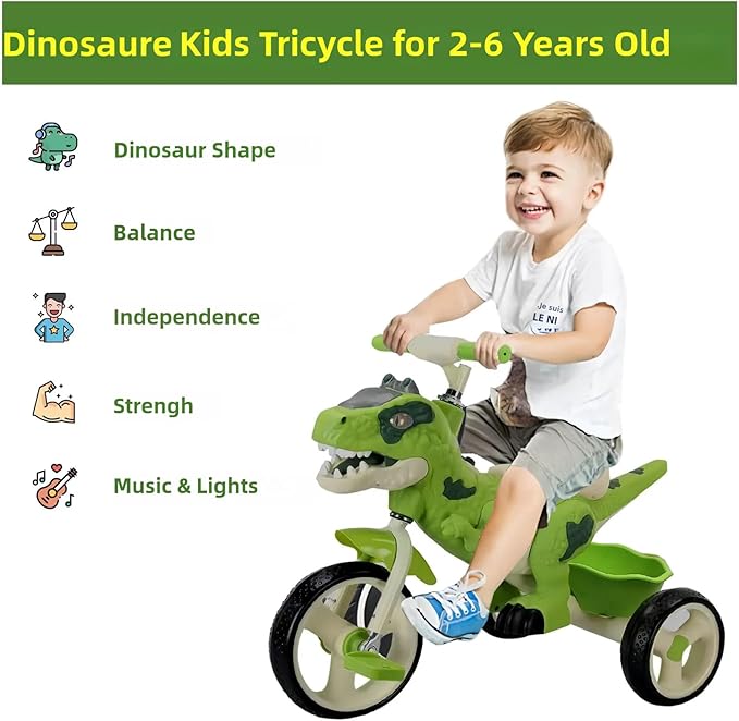 Dinosaur Kids Tricycle for Rider- Toddlers Kid Trike Bike Big Wheel with Music, Storage Basket,Indoor/Outdoor Preschool Daycare Kids Bike,Best Gift for 3-7 Year Old Girls & Boys (Green)
