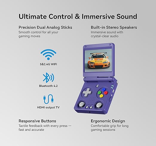 Anbernic RG34XXSP Retro Gaming Console – Flip Design, 3.4'' IPS Screen 720×480, 64G TF Card with 5000+ Games, Portable Handheld, 3300mAh Battery, WiFi HDMI Bluetooth (Indigo 64G)
