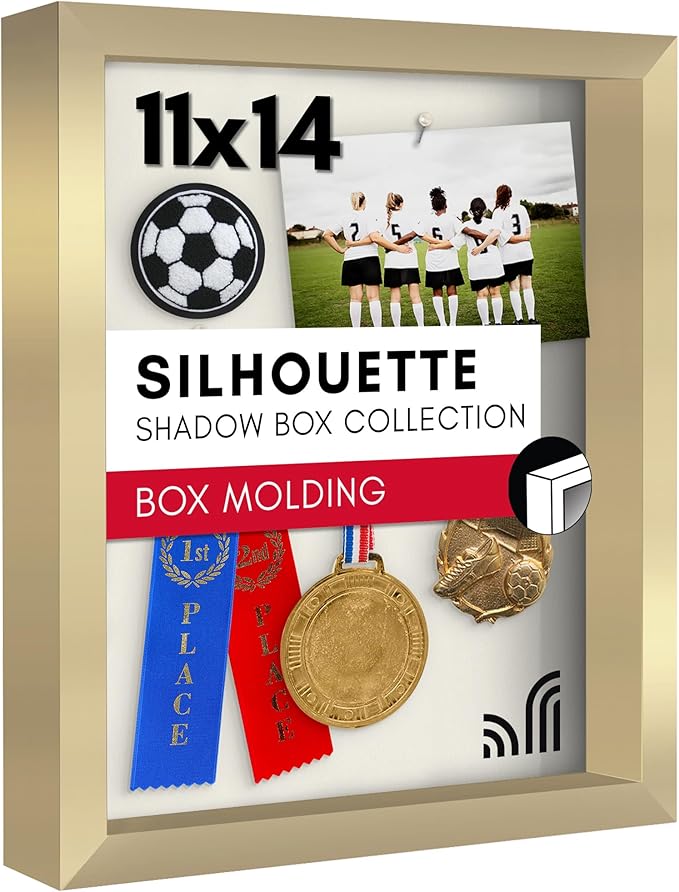 Americanflat 11x14 Shadow Box Frame with Shatter-Resistant Glass - Silhouette Collection - Large Shadow Box Display Case for Tabletop and Wall Display - Gold with Soft Felt Back