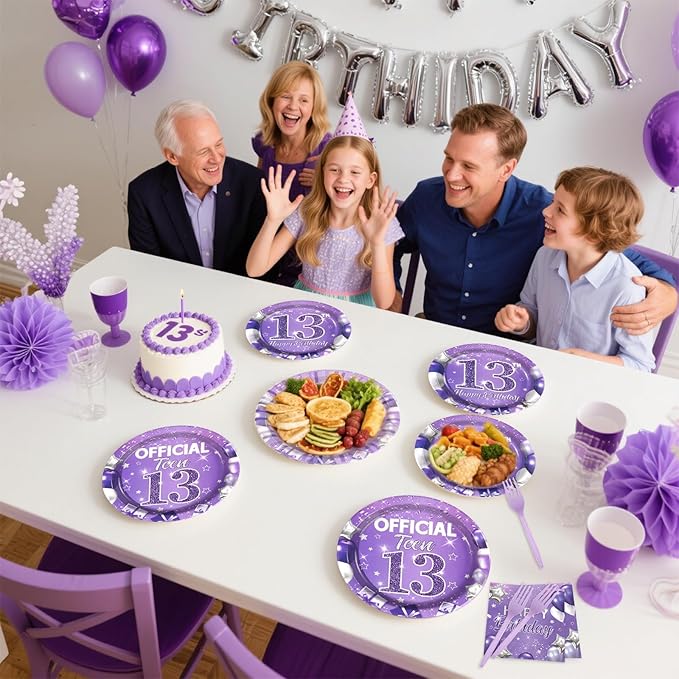 96Pcs 13th Birthday Decorations for Girls Purple Silver Official Teen 13th Plates and Napkins Sets Lavender Glitter 13 Year Old Party Decorations for Kids Official Teenager Birthday Favors Serve 24