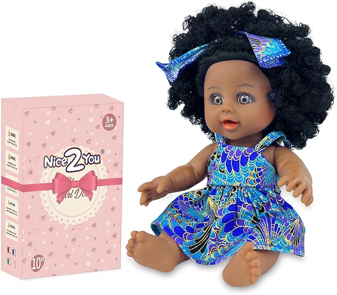 Nice2you Black Baby Doll for Girl, 10 inch African American Black Doll with Dress, Reborn Realistic Baby Doll for Kids Aged 1 2 3 4 5, Small Silicone Black Doll Toy with Curly Hair for Birthday